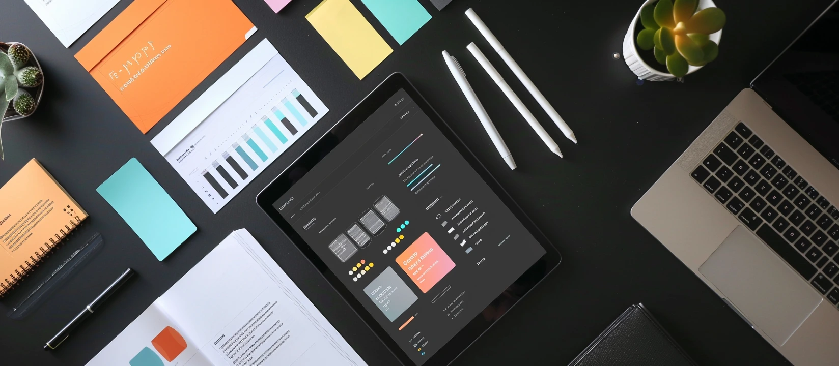 UI/UX design workspace with tablet showing design system, wireframe sketches, and color palettes on a dark desk