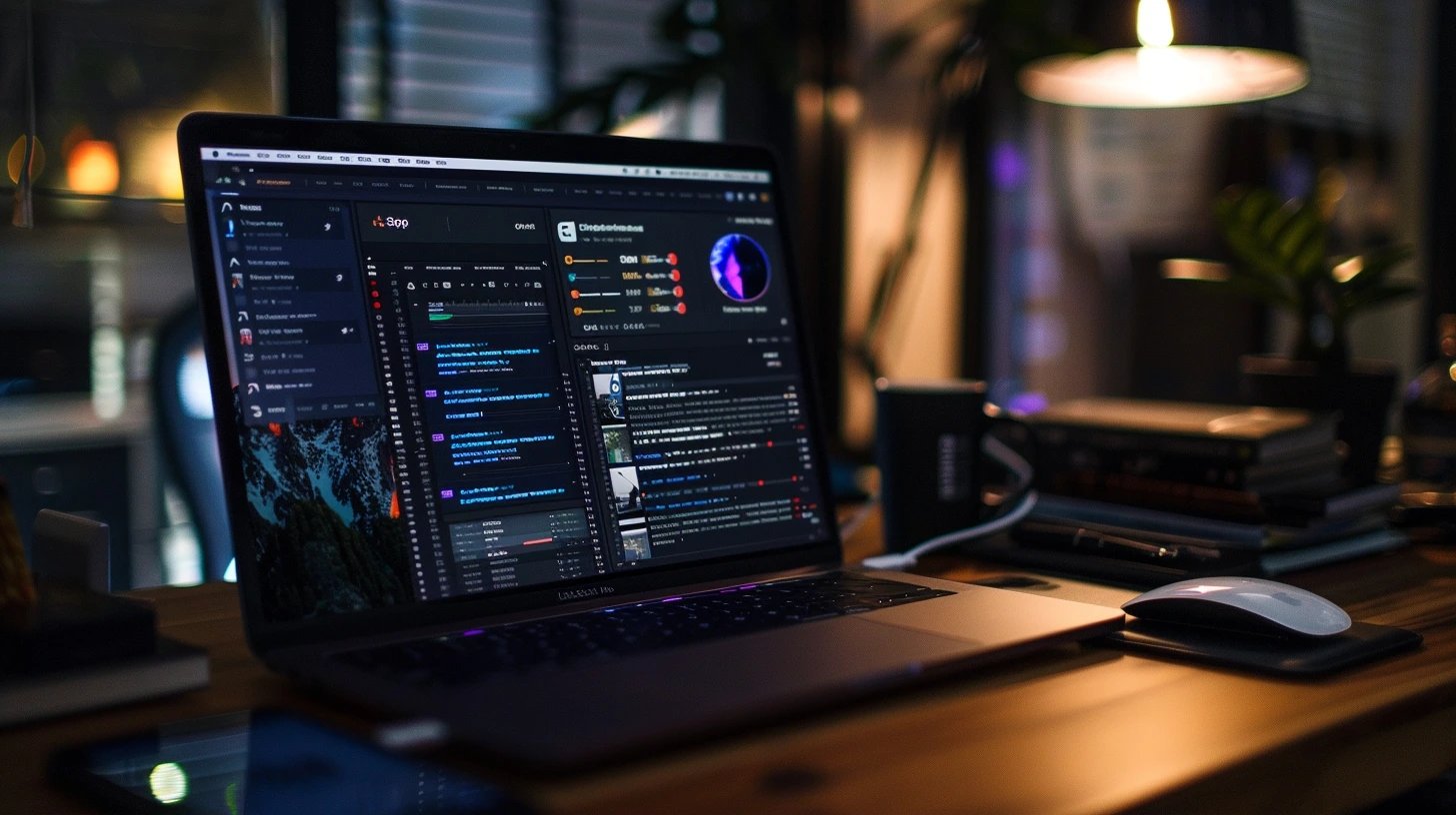 MacBook showing high-fidelity UI design in a dark workspace