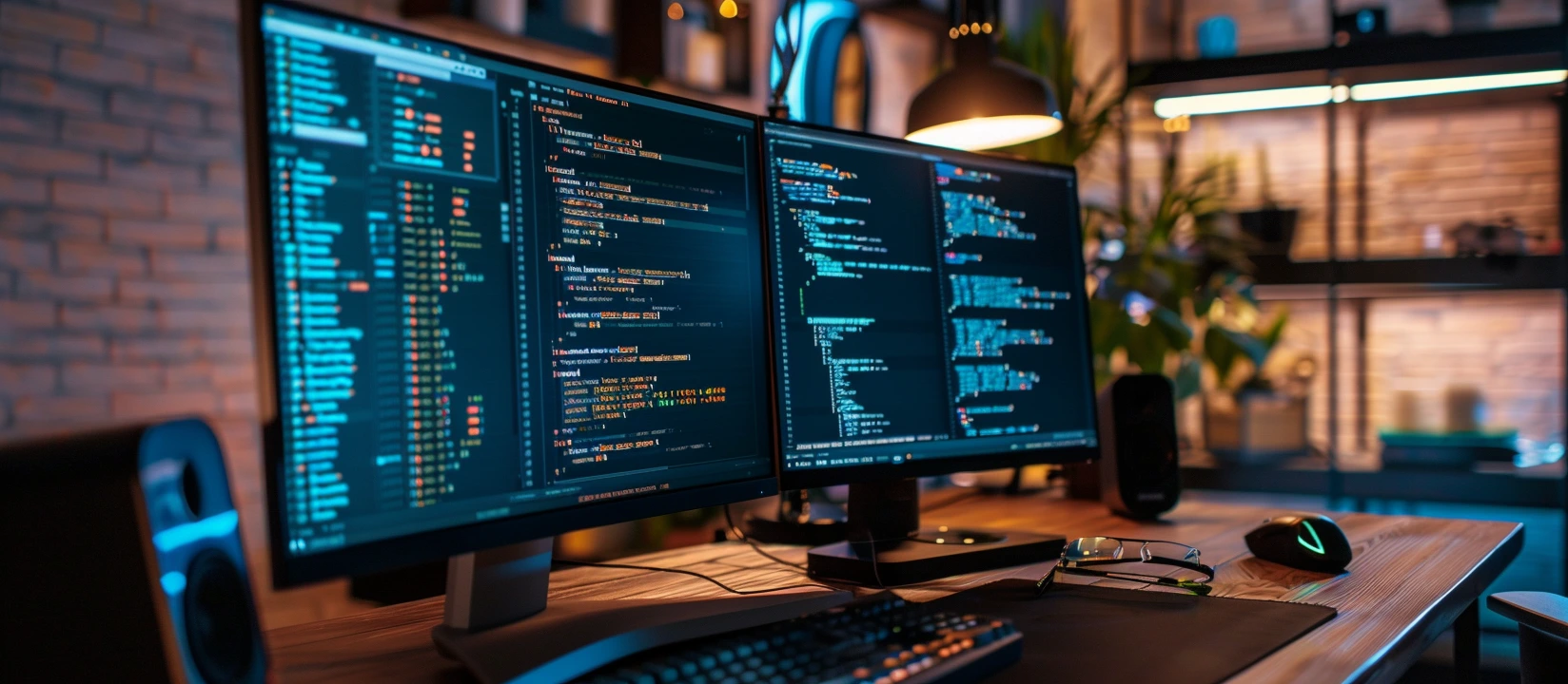 Modern development workspace with multiple monitors showing code in a dark studio