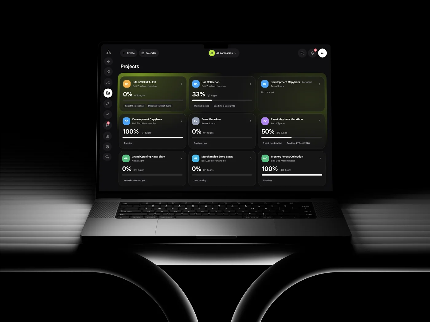 The projects dashboard — every project as a card with its company, completion percentage, deadline and warnings such as blocked or not moving